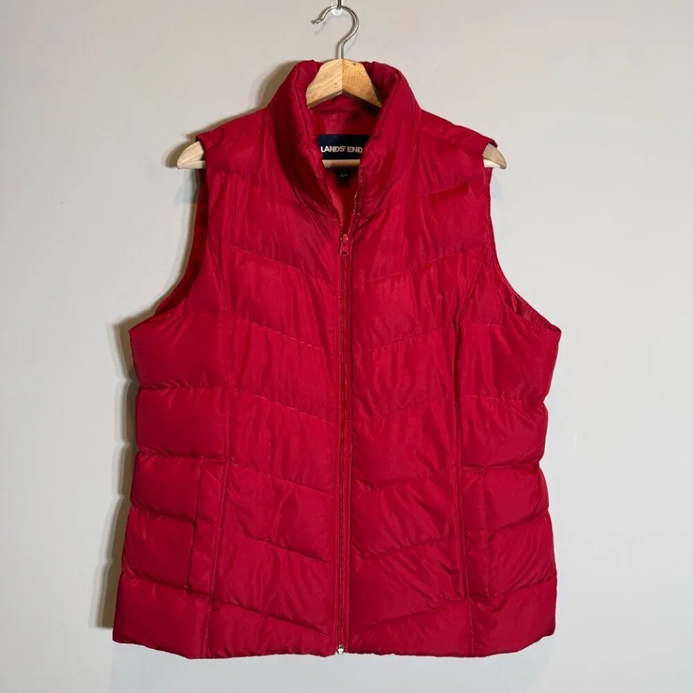 Lands' End Quilted Down Puffer Vest Women's Large Tall Red Insulated Outdoor